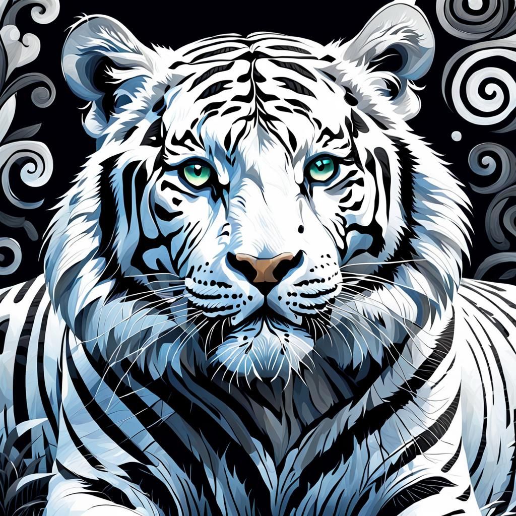 Monochrome White Tiger in Fauvist Illustration Style