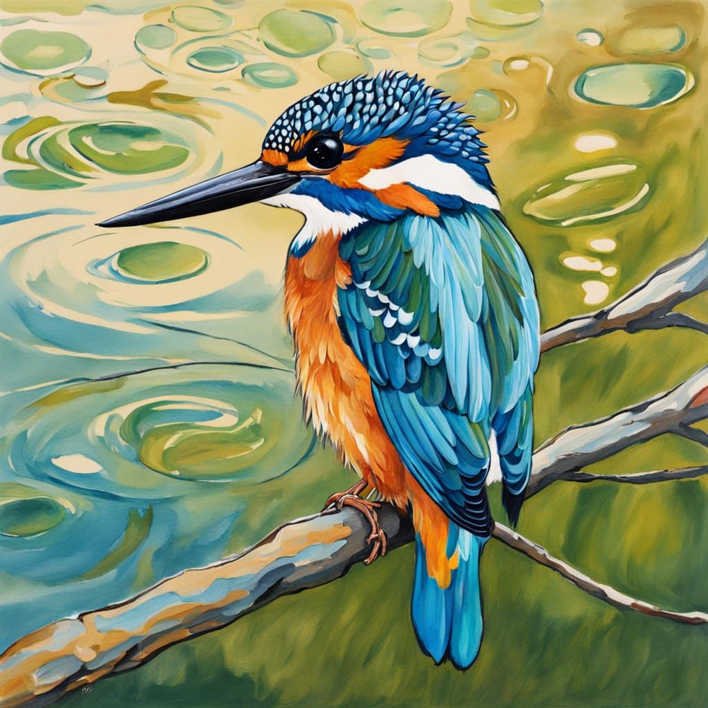 Colorful Kingfisher in Gouache Style Over Water