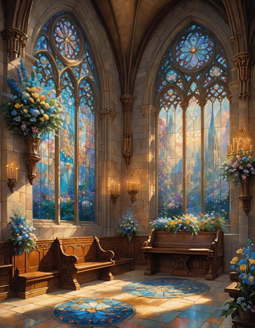 Cathedral Interior with Buttercups in Oil Painting Style