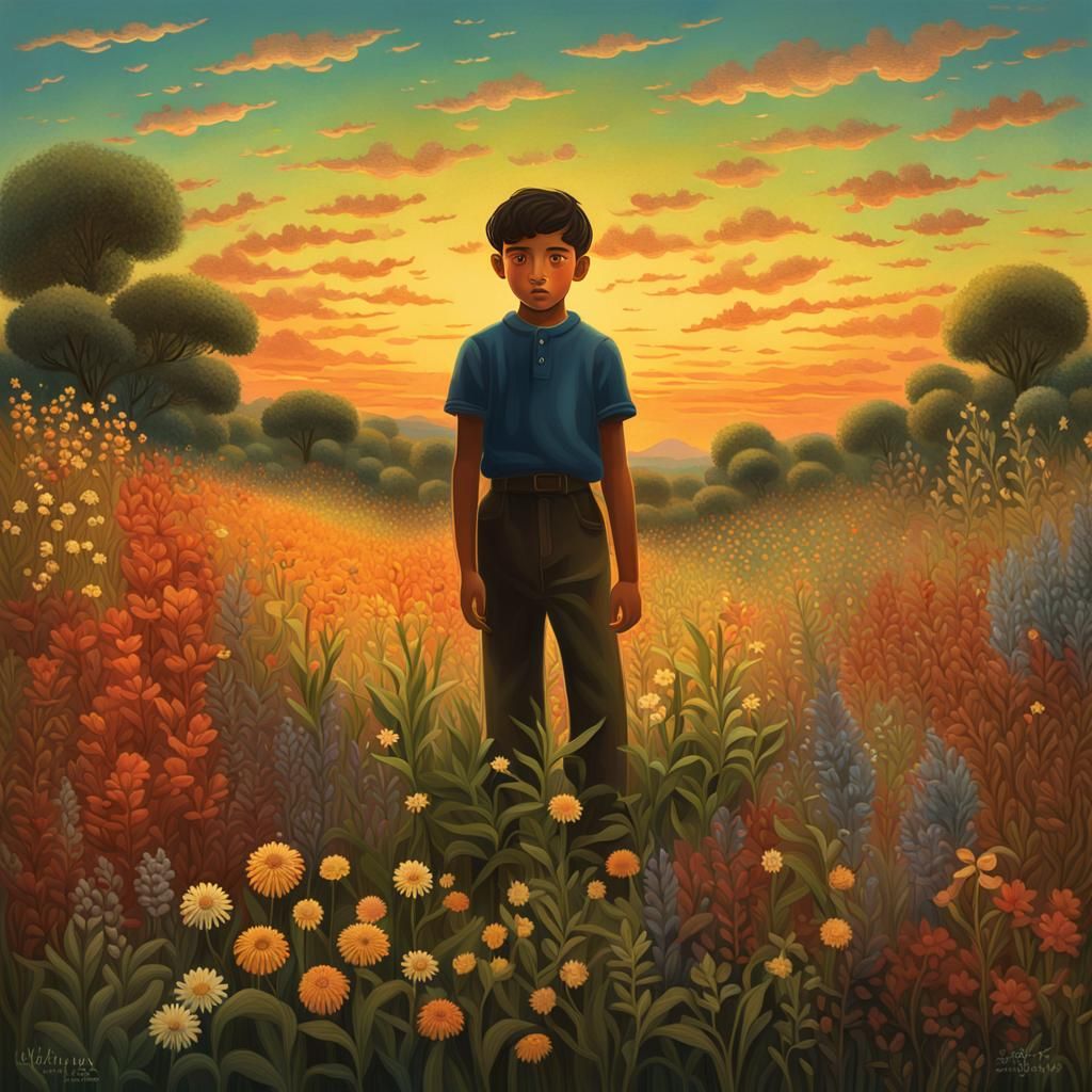 Boy in Wildflower Field in Naïve Art Style
