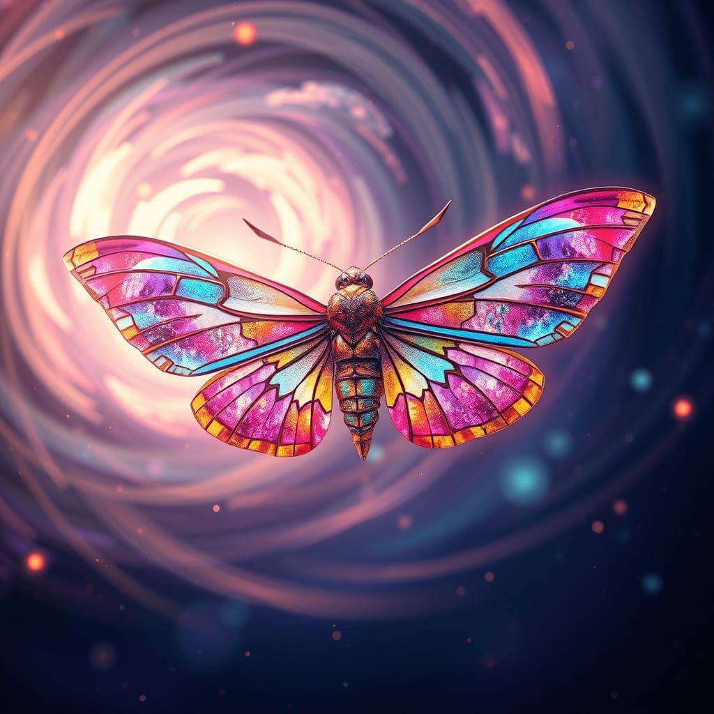 Stained Glass Cosmic Moth in Ethereal Starlight