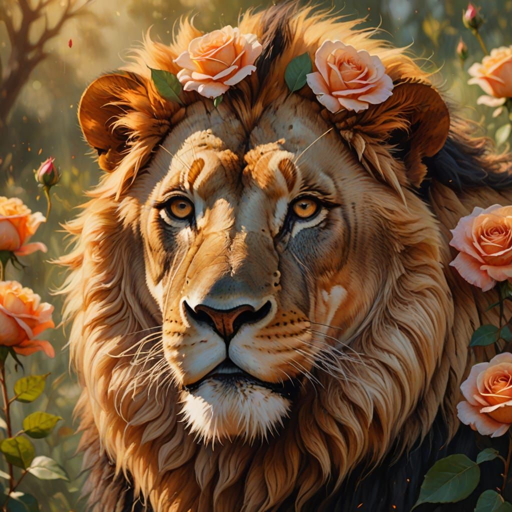Lion with Rose: Vibrant Oil Painting Animal Portrait