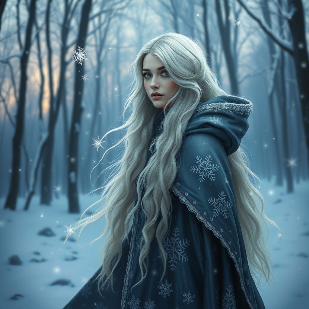 Ethereal Winter Witch in Snowy Forest