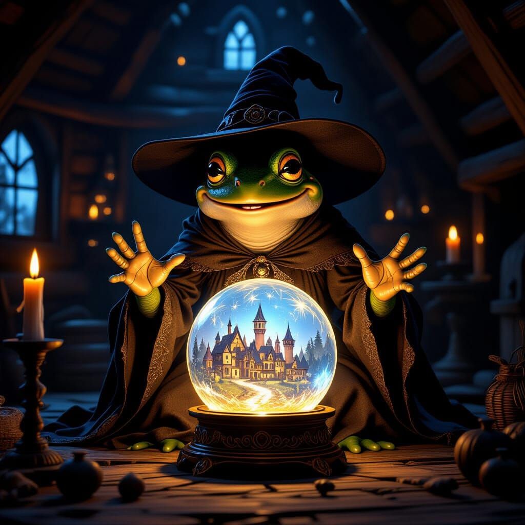 Wise Witch Frog Performs Magic Ritual with Crystal Orb
