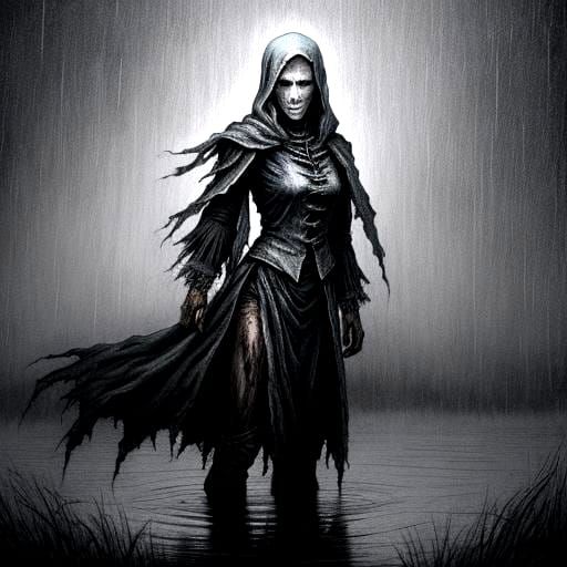 Creepy Ghost Wraith in Foggy Pond: Charcoal Drawing