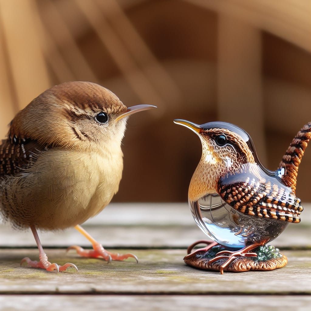 Curious Wren Inspects Glass Wren Figurine