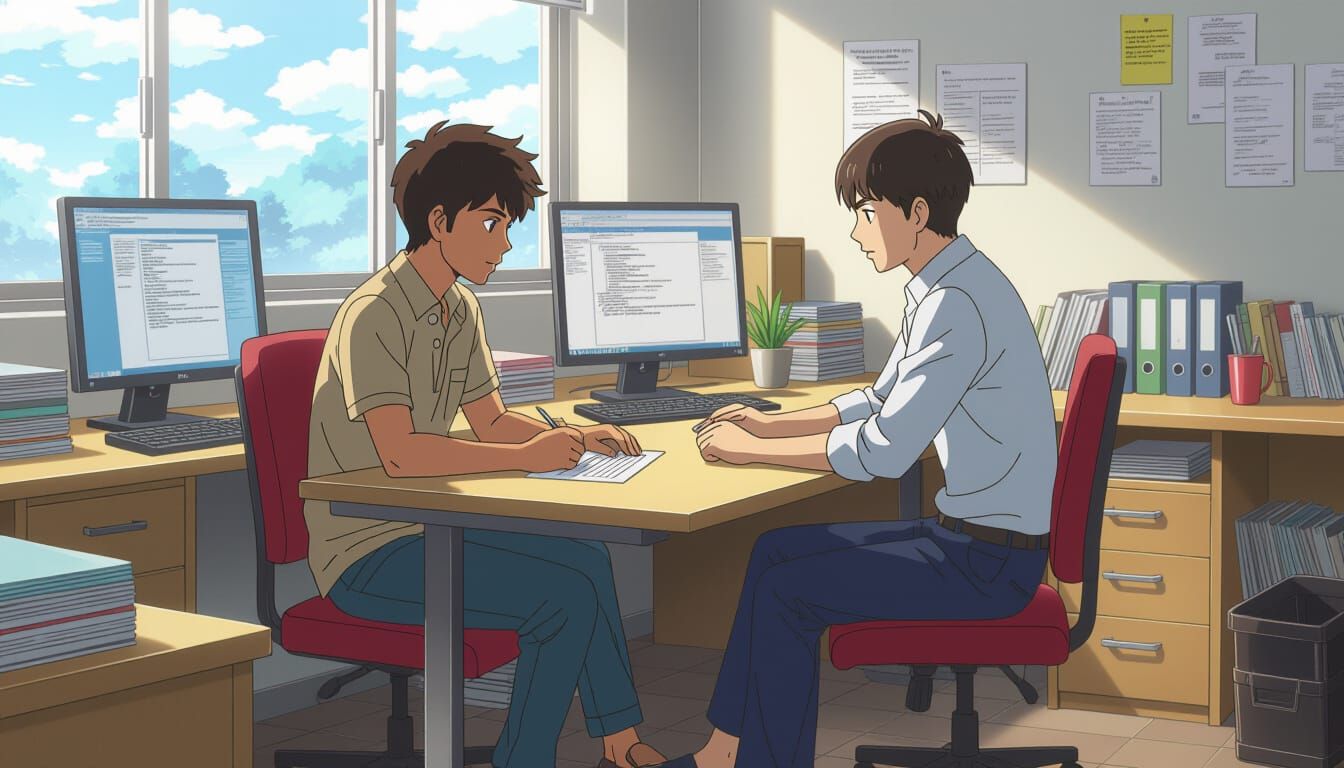 Young Indian Man Learns at Office Desk in Anime Style