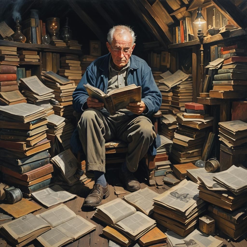 Old Man Reading in Attic, Oil Painting