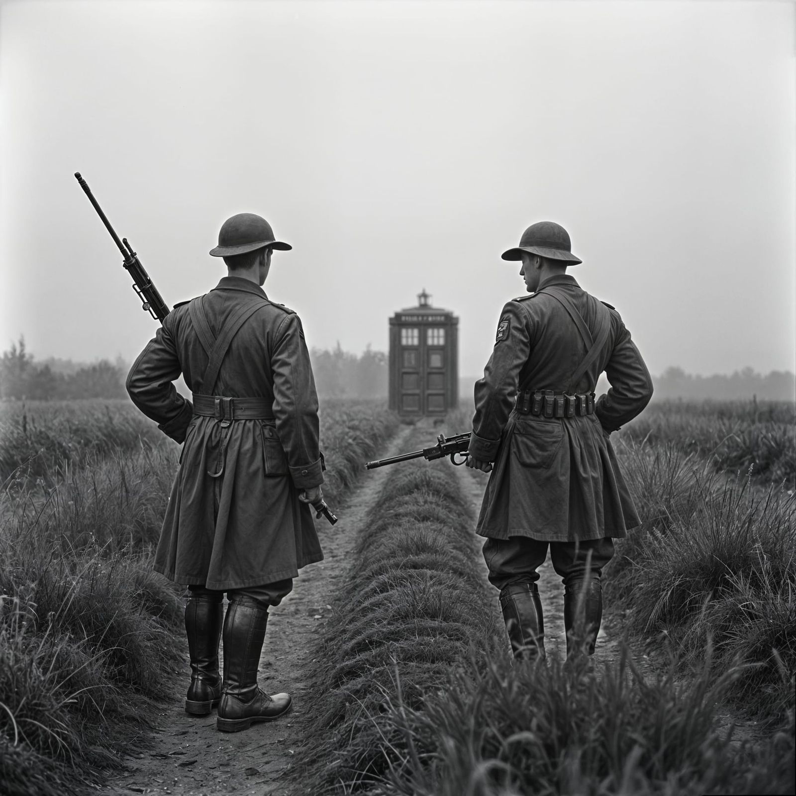 WWII Battlefield with Dr. Who Tardis in Black and White