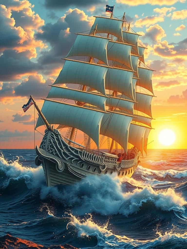Surreal Pirate Ship Sailing Stormy Seas