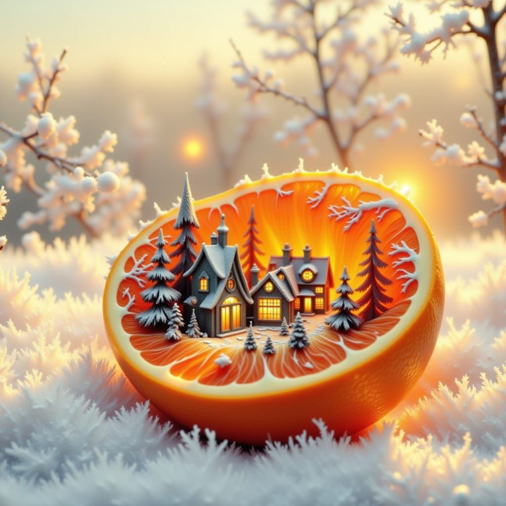 Whimsical Winter Village Glows from Within a Halved Orange