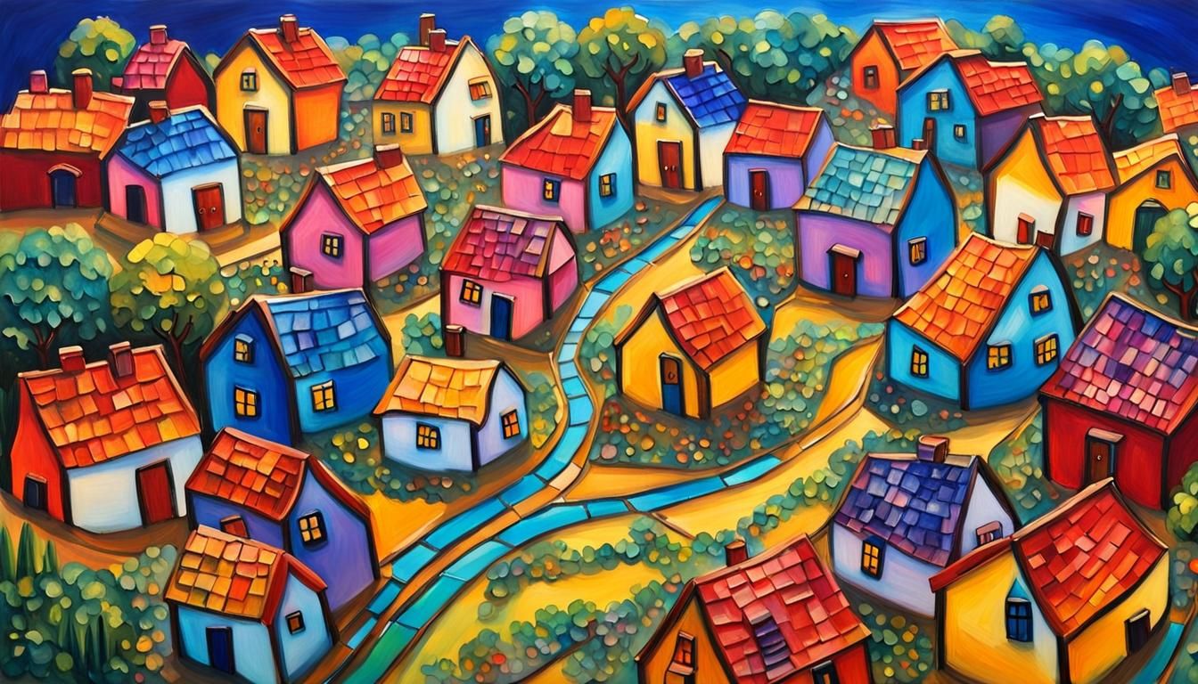 Miniature Glass Village in Fauvist Expressionist Style