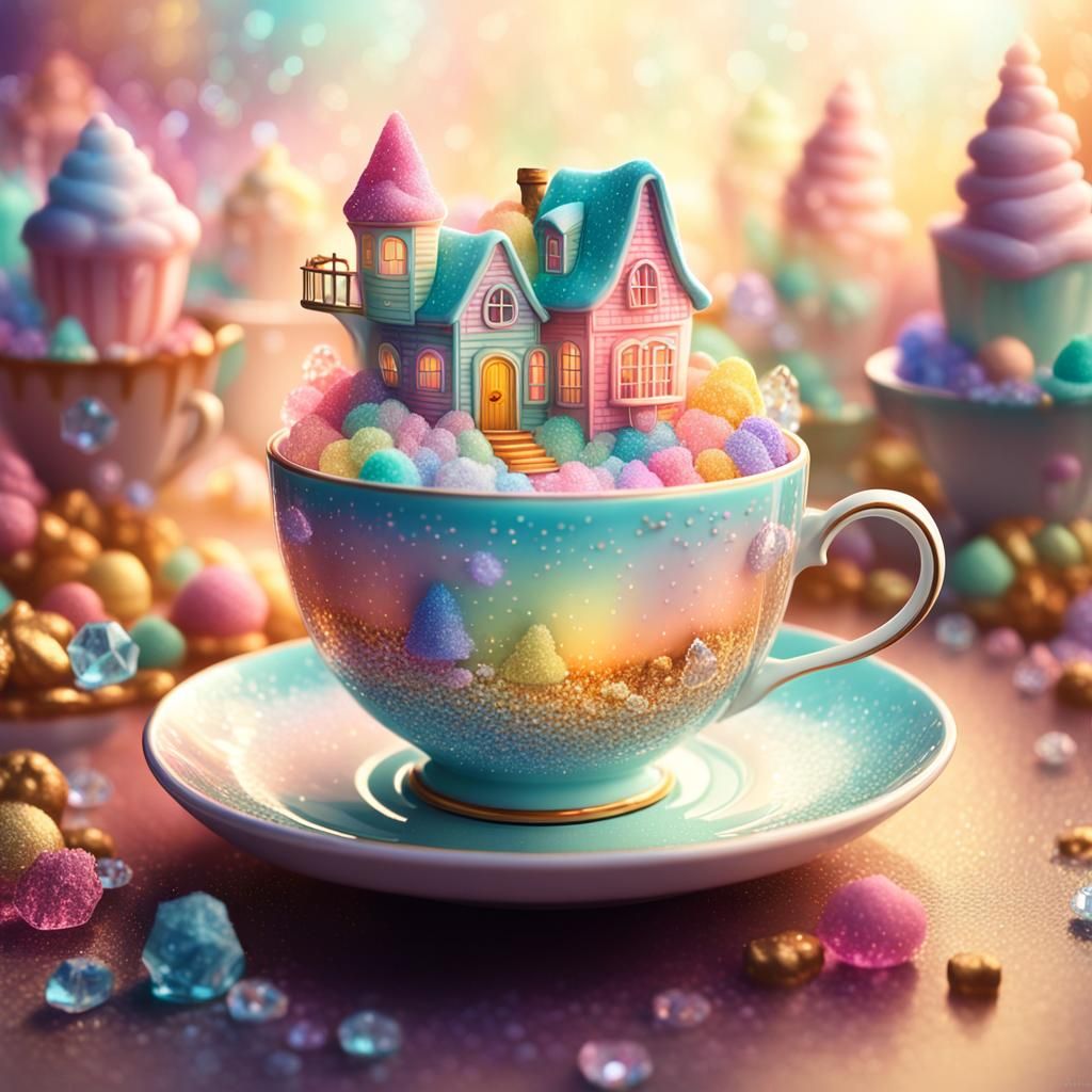 Miniature World in Teacup: Cel-Shaded Digital Art