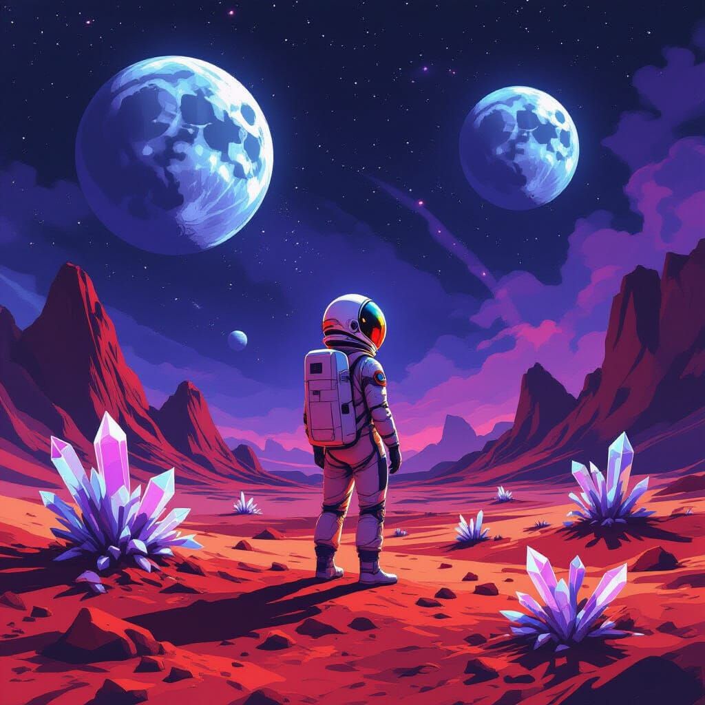 Astronaut on Alien Planet Under Twin Moons