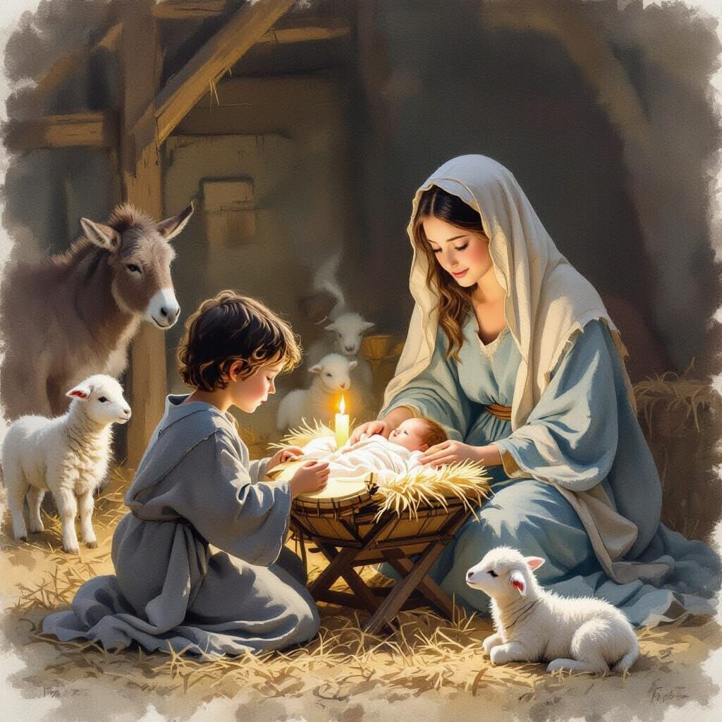 Boy Plays Drum for Baby Jesus in Candlelit Manger Scene