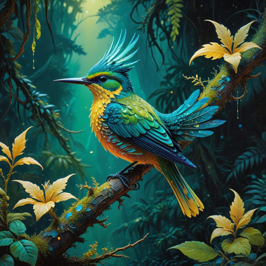 Surreal Jungle Bird Shines in Celestial Glow