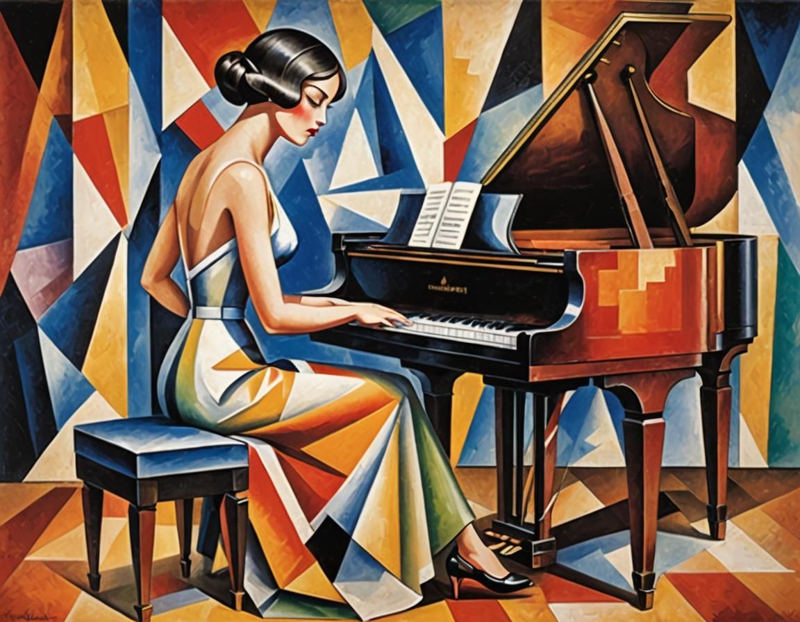 Abstract Cubist Piano Player on Stage
