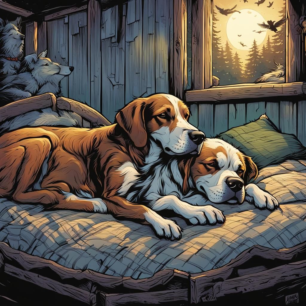A hillbilly and a hound dog sleeping together on a feathered...