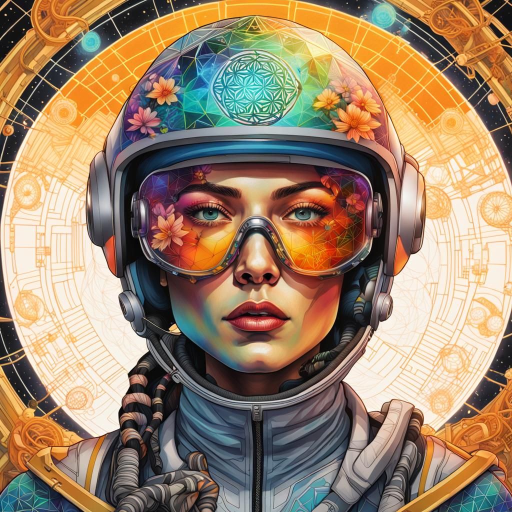 Woman in Honeycomb Helmet with Geometric Tattoos