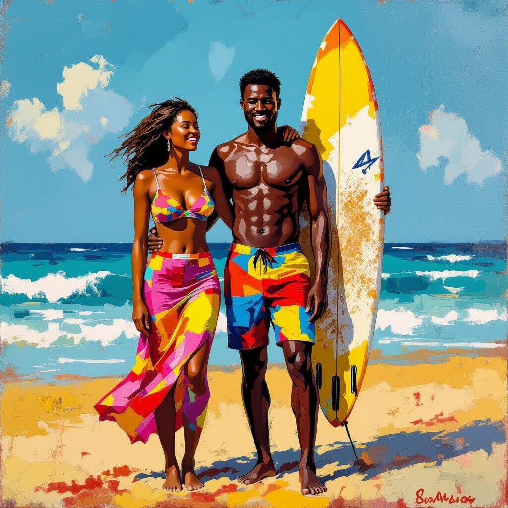 Senegalese Surfer on the Beach: Expressionist Acrylic Painti...