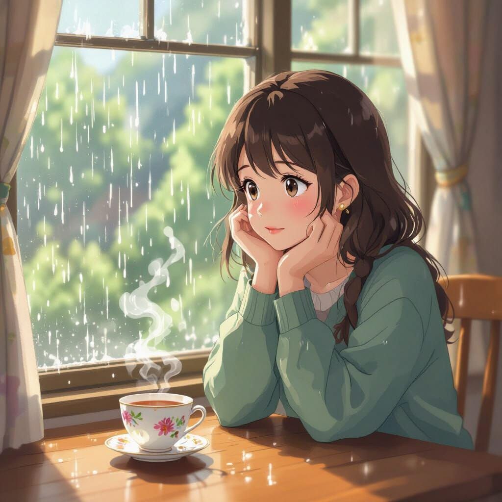 Anime Girl by Window in Soft Rain, Studio Ghibli Style