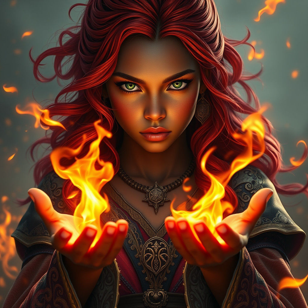 Fiery Woman Conjures Flames: Fantasy Concept Art