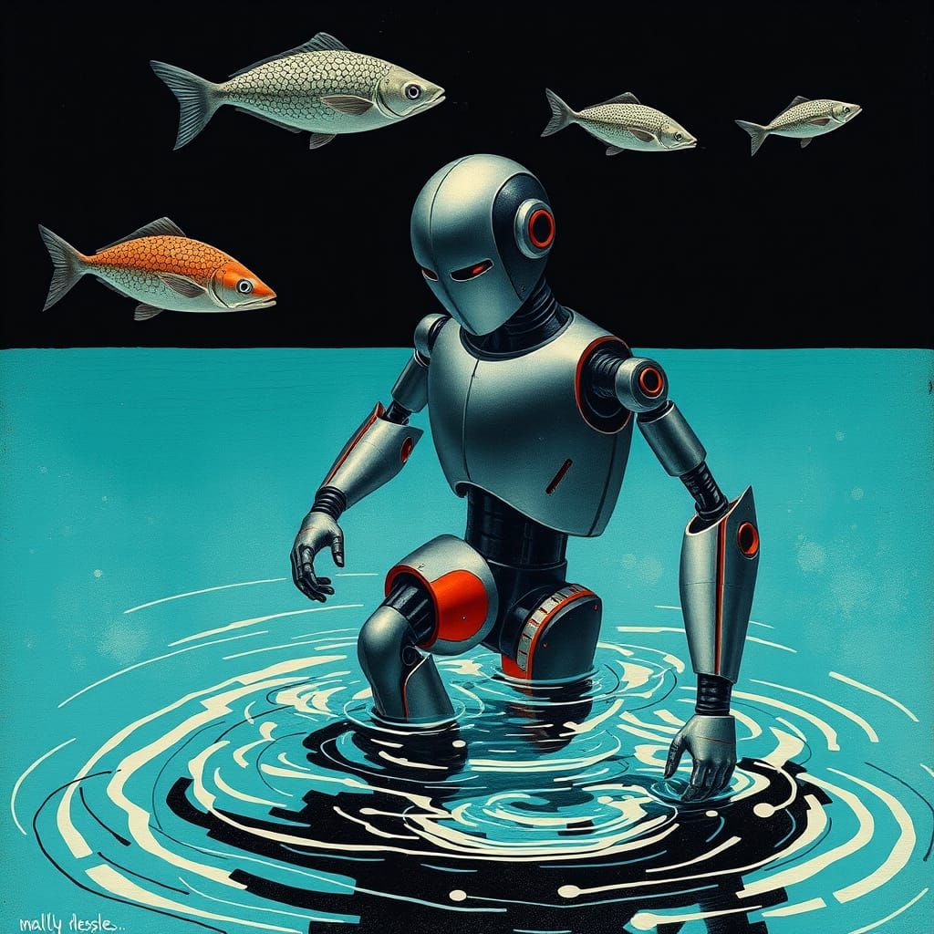 Robotic Figure in Turquoise Pool: Abstract Dreamscape