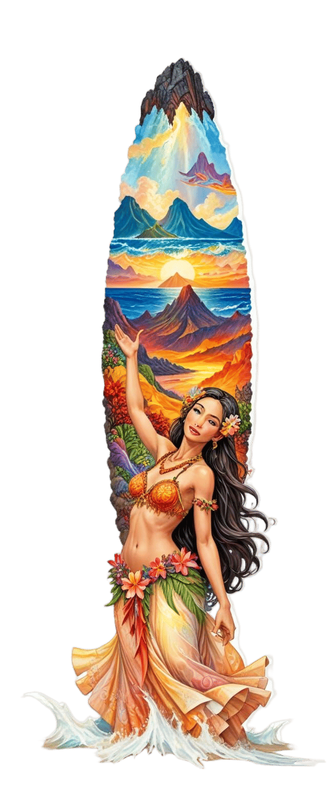 Hawaiian Hula Dancer on Beach with Volcanic Mountains