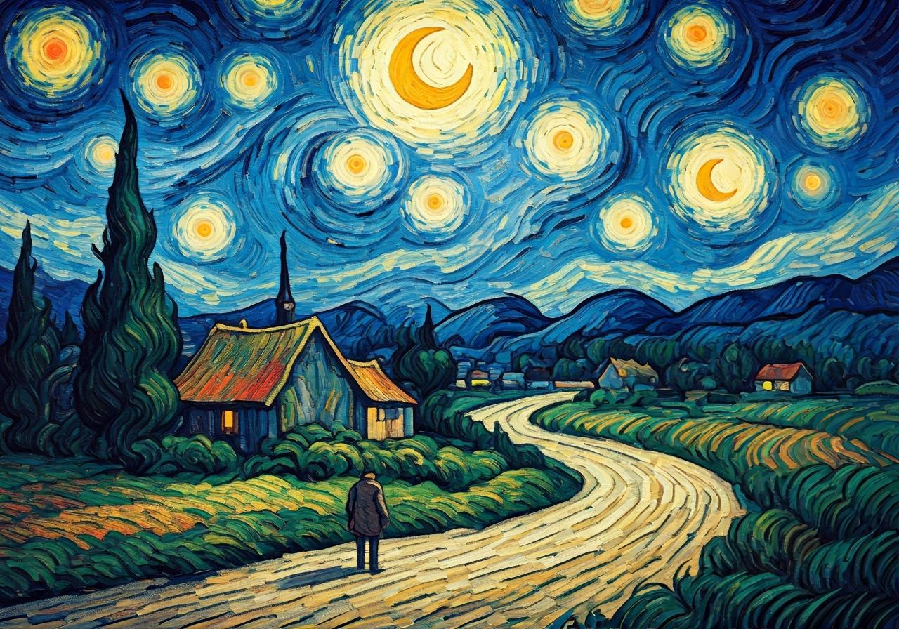 Lone Figure in Swirling Landscape as Impasto Painting