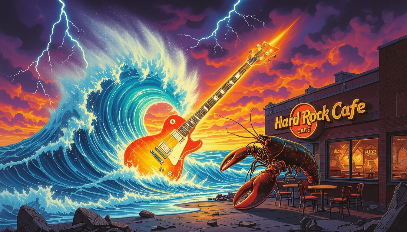 Surreal 70s Rock Art: Boston Storm & Mutant Lobster