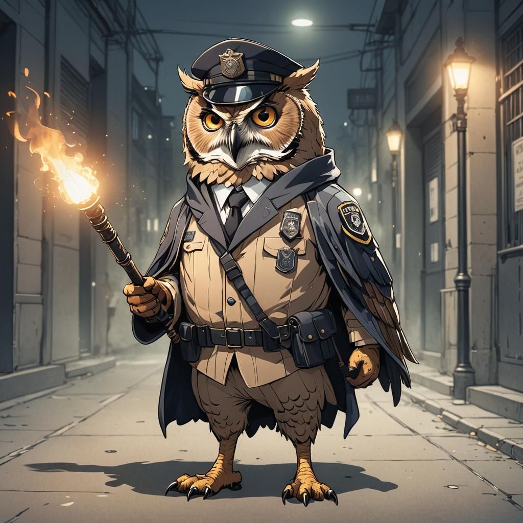 Whimsical pen drawn illustration of a owl in security guard dress with a torch in one hand and a stick in other hand loo...