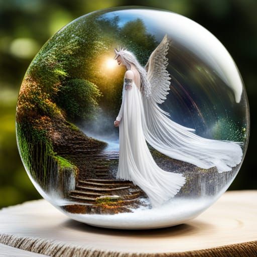 Detailed Angel and Unicorn in Snow Globe