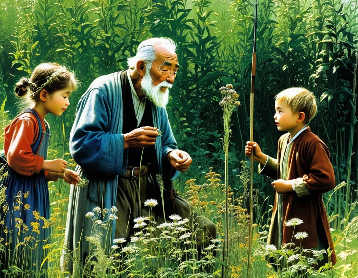 Loving Grandfather Teaches Herbalism in Whimsical Art Style