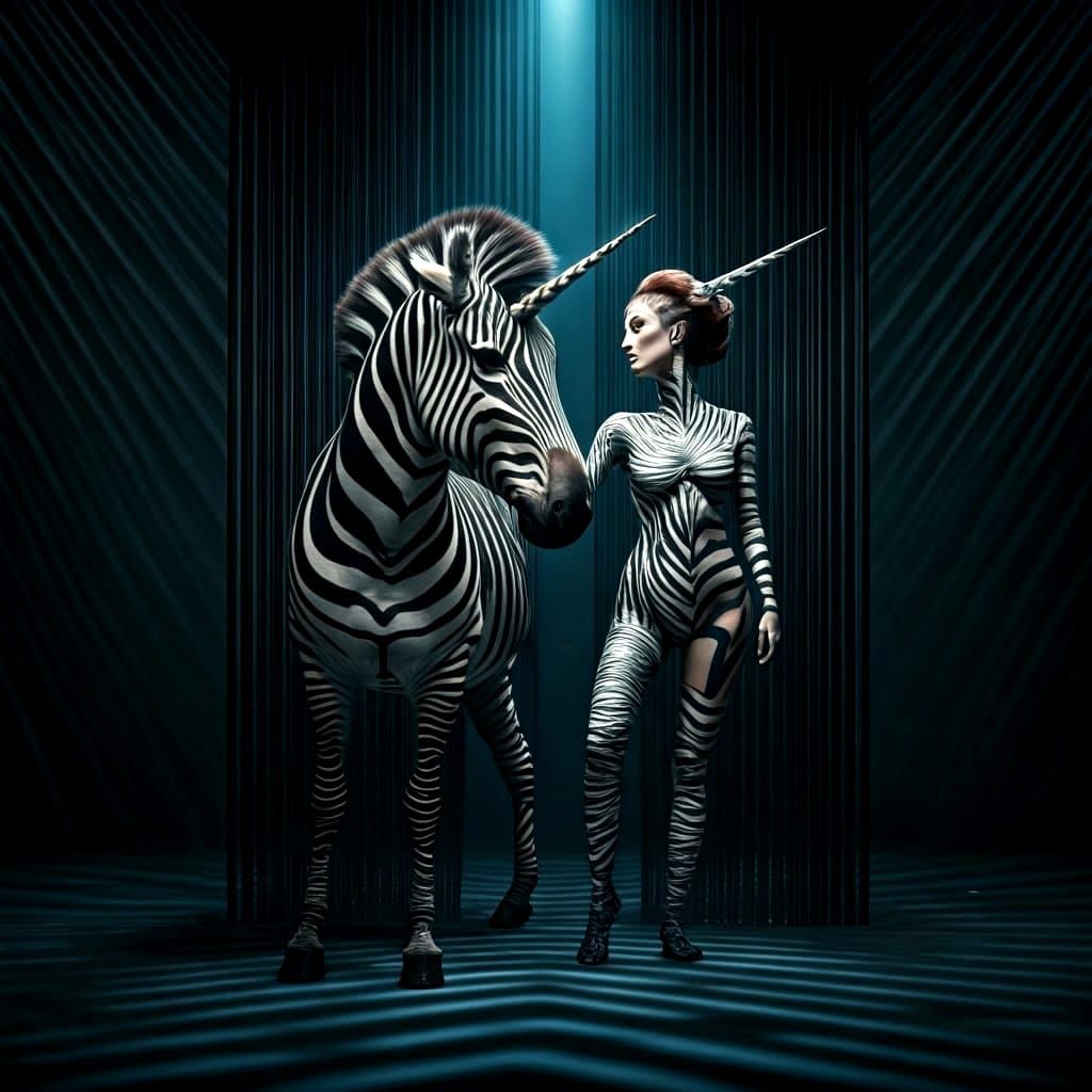 Surreal Black and White Striped Scene with Zebra Unicorn