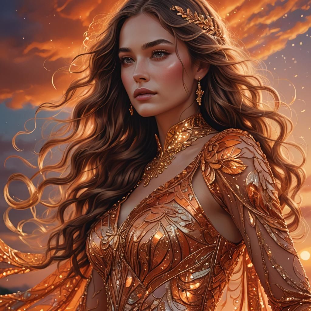 Woman in Orange Dress: Hyper-Realistic Digital Art