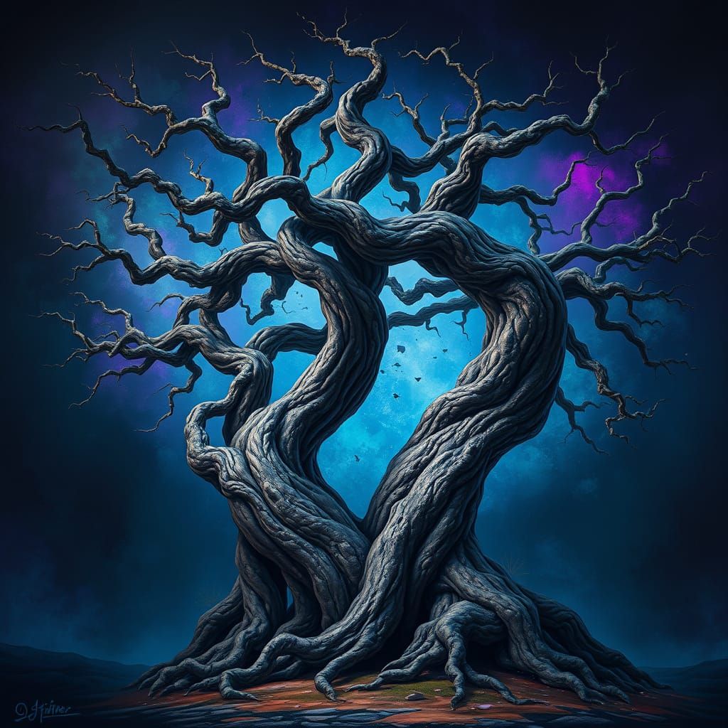 Twisted Arboreal Embrace in Deep Blues and Purples