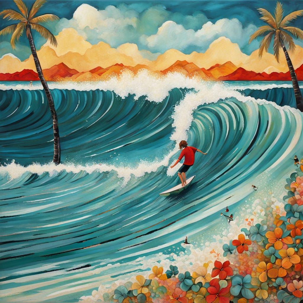 Surfer Rides Perfect Wave in Tropical Ocean