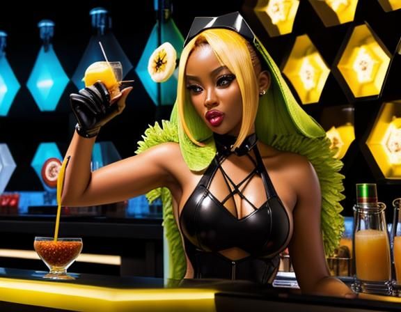 Surreal Banana Bartender Scene with Hexagons