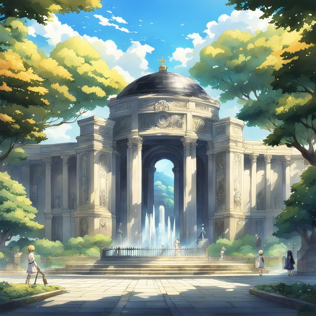 Anime-Style Academy with Black Marble and Greek Design