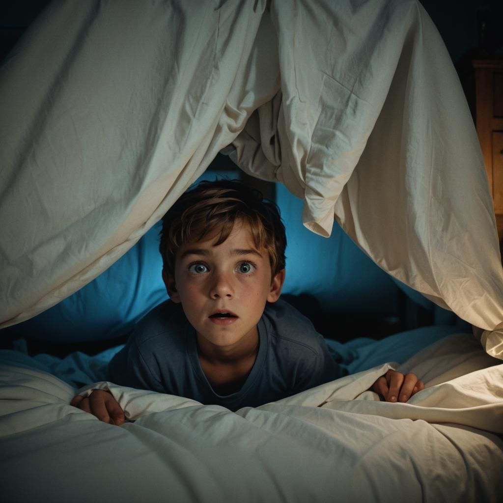Child Hiding From Monster Under Bed, Cinematic Still