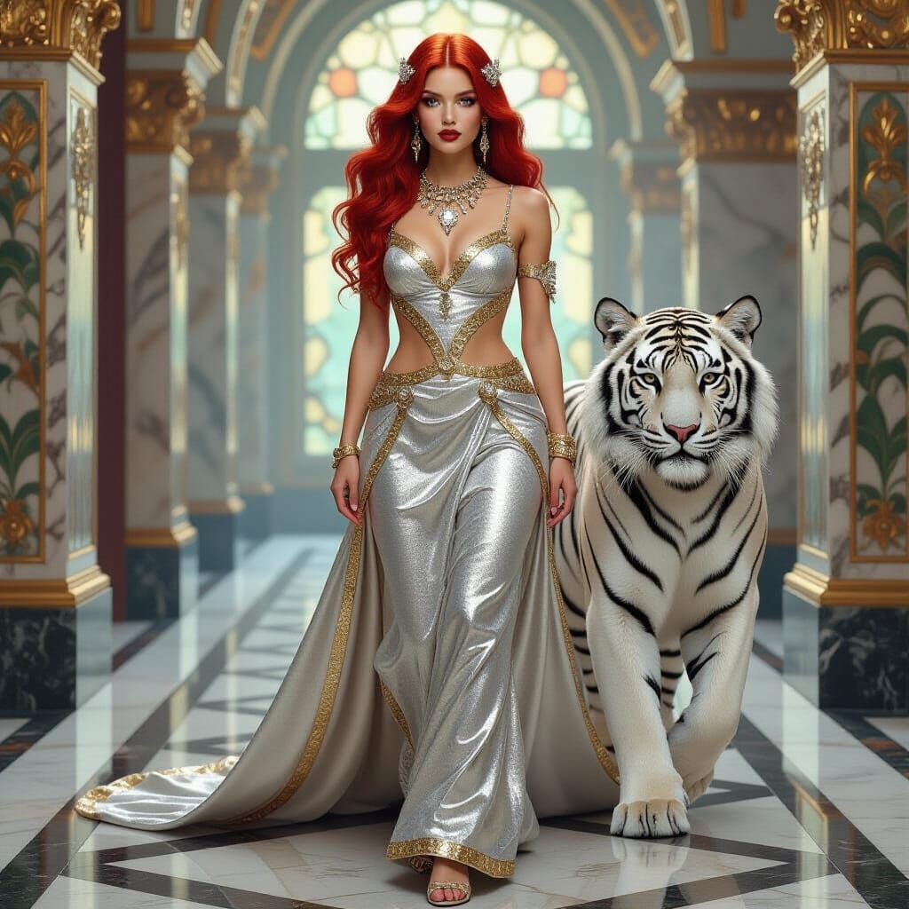 Elegant Woman and Tiger in Art Nouveau Style