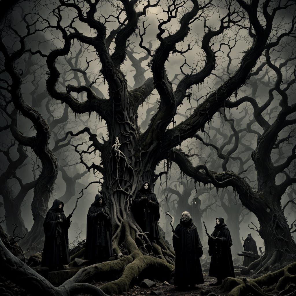 Gothic Black Forest with White Snakes in Detailed Painting