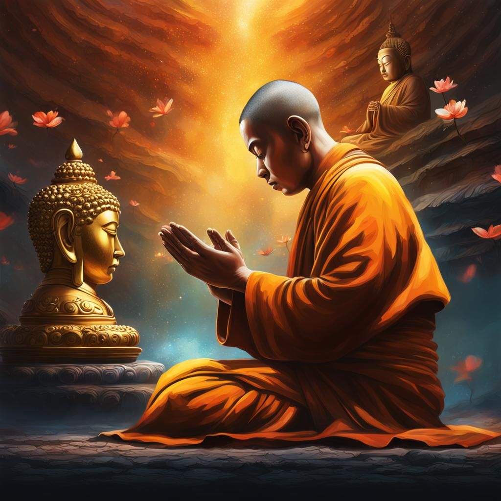 Monk Praying to Buddha in Hyperrealistic Splash Art