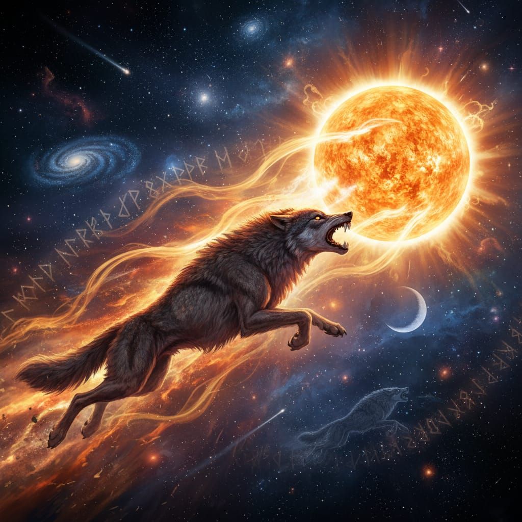 Mythological Wolf Chasing Sun Across Sky