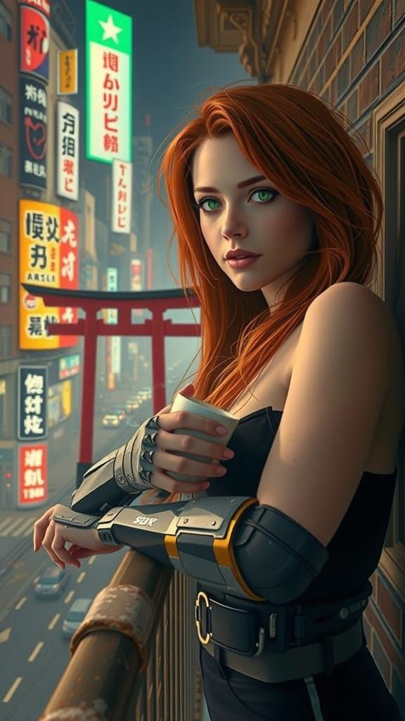 Futuristic Redhead Leans on Dystopian City Balcony