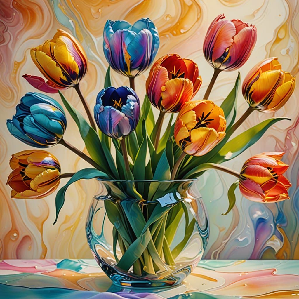 Macro Photograph of Tulips in Alcohol Ink Style