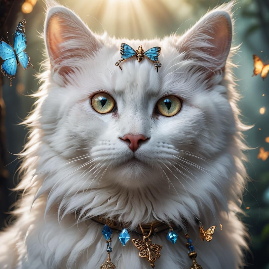 Fluffy White Cat with Crystal Butterfly: Steampunk Fantasy