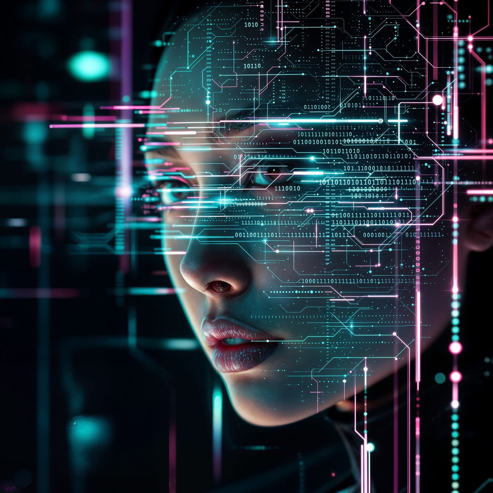 Futuristic Portrait with Digital Code Overlay