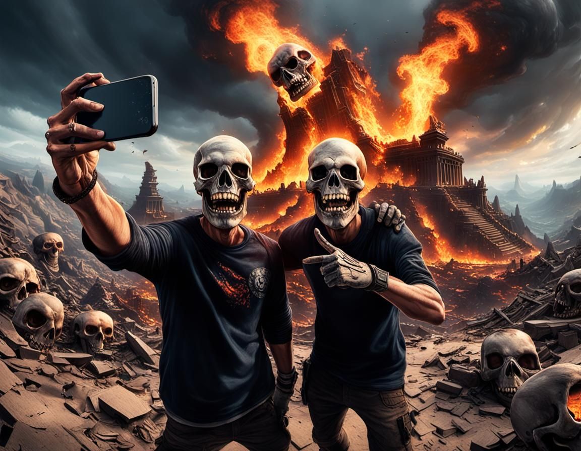 Grinning Skulls Selfie in Burning Valley, Dark Fantasy
