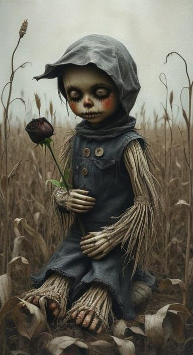 Eerie Scarecrow Child in Withered Cornfield as Dark Surreali...